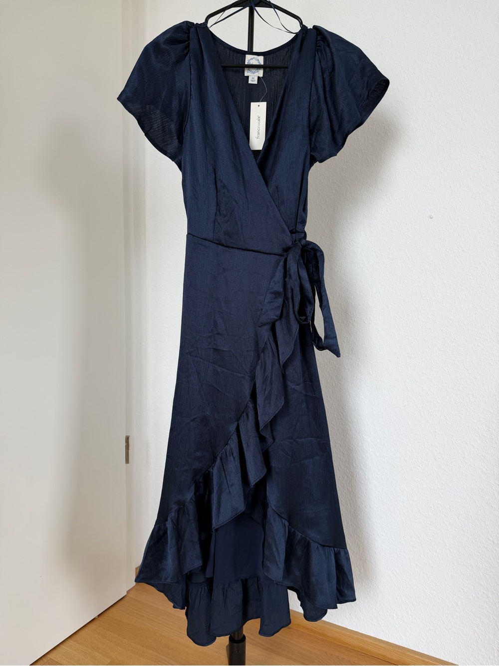 Navy Blue Wrap Maxi Dress with Ruffle Hem